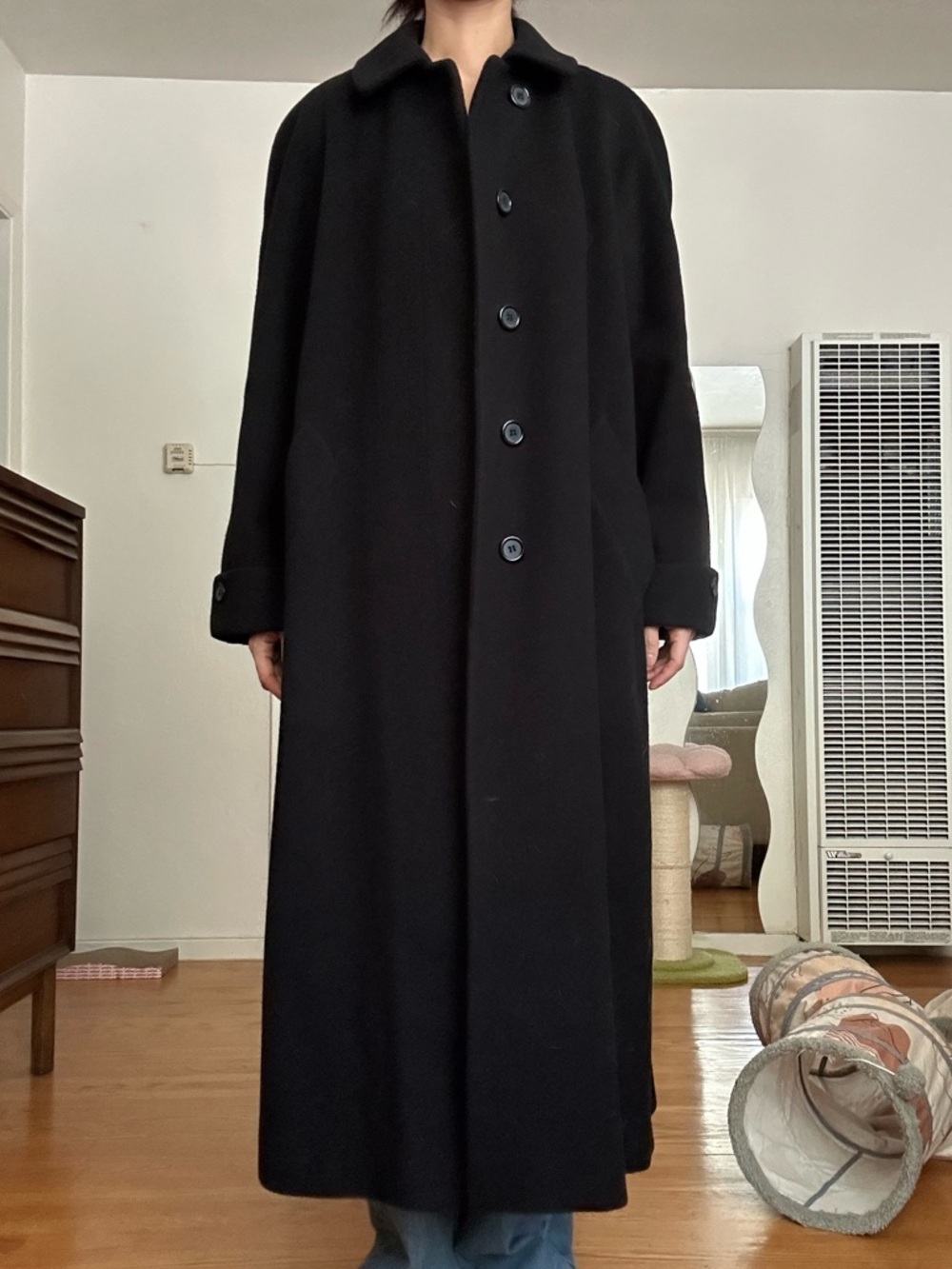 Evan Picone Black Long Button-Front Wool Coat